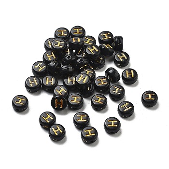 Plating Opaque Acrylic Beads, Golden Metal Enlaced, Flat Round with Letter, Letter H, 7x3.5mm, Hole: 1.2mm, about 3846pcs/500g