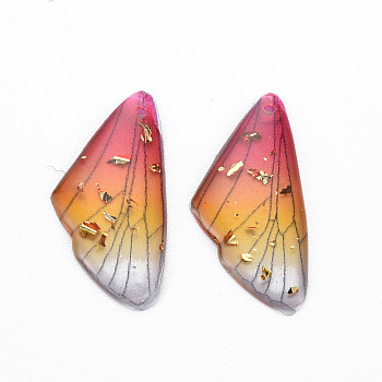 Transparent Resin Pendants, with Gold Foil, Insects Wing, Deep Pink, 24.5x11.5x2mm, Hole: 1mm