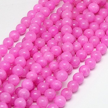 Natural Yellow Jade Beads Strands, Dyed, Round, Fuchsia, 6mm, Hole: 1mm, about 70pcs/strand, 15.75 inch