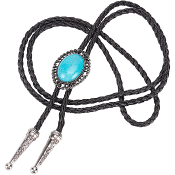 Oval Synthetic Turquoise Laria Necklace for Men Women, Imitation Leather Cord Adjustable Necklace, Black, 40.94 inch(104cm)