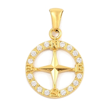 Ion Plating(IP) 304 Stainless Steel Micro Pave Cubic Zirconia Pendants, Flat Round with Compass Charm, Golden, 22x18x2.5mm, Hole: 3x6mm