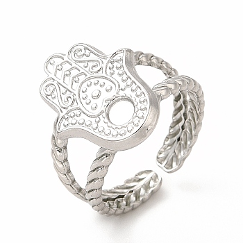 304 Stainless Steel Hamsa Hand Open Cuff Ring Settings, with Round Tray, Stainless Steel Color, Inner Diameter: 17mm, Tray: 3mm