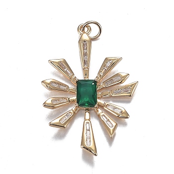 Brass Micro Clear Cubic Zirconia Pendants, Long-Lasting Plated, Flower, Green, Real 18K Gold Plated, 35x24x3.5mm, Hole: 3.5mm
