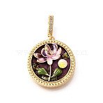 Brass Micro Pave Cubic Zirconia & Enamel Pendants, Flat Round with Flower Charms, with Glitter Powder and Natural Freshwater Pearl, Nickel Free, Real 18K Gold Plated, Old Rose, 25.5x23.5x7.5mm, Hole: 6.5x4.5mm(KK-R222-11G-02)