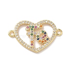 Brass Micro Pave Colorful Cubic Zirconia FE Heart Links Connector Charms, Rack Plating, Long-Lasting Plated, Cadmium Free & Lead Free, Real 18K Gold Plated, 15.5x25.5x2.5mm, Hole: 1.6mm(KK-L268-024G-03)