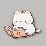 Zinc Alloy Enamel Pendants, Light Gold, Cat Shape, White, 21.5x27x2mm, Hole: 1.6mm(FIND-WH20033-062B-06)