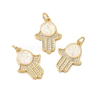 Brass Micro Pave Cubic Zirconia Pendant, with Synthetic Opal, Long-Lasting Plated, Lead Free & Cadmium Free, Hamsa Hand, Real 18K Gold Plated, 20x14x3mm, Hole: 3mm(KK-K385-124G)