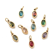 Vacuum Plating 304 Stainless Steel Pendants, with Cubic Zirconia and Jump Rings, Single Stone Charms, Oval, Golden, Mixed Color, 10x5x3mm, Hole: 3.4mm(STAS-D189-04G)