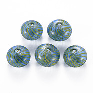 Transparent Handmade Blown Glass Globe Beads, Stripe Pattern, Flat Round, Cornflower Blue, 15.5~17.5x10~12mm, Hole: 1~2mm(GLAA-T012-19C)