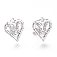 Brass Micro Pave Clear Cubic Zirconia Stud Earring Findings, with Loop and Plastic Ear Nuts, Long-Lasting Plated, Heart, Platinum, 14x12mm, Hole: 1.4mm, Pin: 0.8mm(ZIRC-I049-28P)