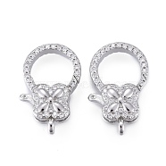 Brass Micro Pave Clear Cubic Zirconia Lobster Claw Clasps, Long-Lasting Plated, Flower, Platinum, 20x12.5x6mm, Hole: 2mm(KK-K242-13P)
