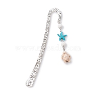 Synthetic Turquoise Tortoise Starfish Pendant Bookmarks with Natural Lava Rock, Tibetan Style Alloy Hook Bookmarks, Beige, 123mm(AJEW-JK00285-01)
