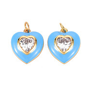 Brass Enamel Pendants, with Clear Cubic Zirconia and Jump Ring, Nickel Free, Real 16K Gold Plated, Heart, Dodger Blue, 17.5x15.5x4.5mm, Hole: 3.5mm(KK-T013-15F-NF)