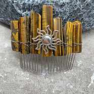 Sun Wire Wrapped Natural Tiger Eye Hair Combs, with Iron Combs, Hair Accessories for Women Girls, 100x100mm(PW-WG56832-09)