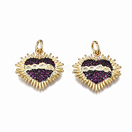 Brass Micro Pave Cubic Zirconia Pendants, with Jump Rings, Nickel Free, Heart, Real 16K Gold Plated, Purple, 17.5x18.5x3mm, Jump Ring: 5x0.8mm, 3mm inner diameter(ZIRC-Q200-007-NF)