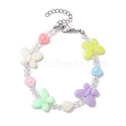 Butterfly & Heart Acrylic Kid Beaded Bracelets for Girls, Colorful, 6 inch(15.3cm)(BJEW-JB10220-02)