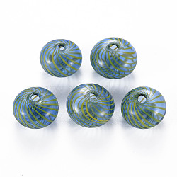 Transparent Handmade Blown Glass Globe Beads, Stripe Pattern, Flat Round, Cornflower Blue, 15.5~17.5x10~12mm, Hole: 1~2mm(GLAA-T012-19C)