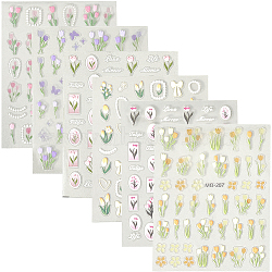 6 Sheets 6 Styles Tulip Pattern Self Adhesive PET Nail Art Stickers Decals, For Nail Tips Decorations, Mixed Color, 9.2~10x7.2~8x0.02~0.05cm, Sticker: 3~16x3~14mm, 1 sheet/style(MRMJ-SP0001-20)