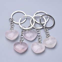 Natural Rose Quartz Keychain, with Iron Findings, Heart, 80mm(KEYC-S253-09)