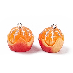 Opaque Resin Pendants, Tangerine Charms, with Platinum Tone Iron Loops, Imitation Fruit, Red, 17x17.5mm, Hole: 1.8mm(RESI-G061-01A)