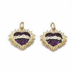 Brass Micro Pave Cubic Zirconia Pendants, with Jump Rings, Nickel Free, Heart, Real 16K Gold Plated, Purple, 17.5x18.5x3mm, Jump Ring: 5x0.8mm, 3mm inner diameter(ZIRC-Q200-007-NF)