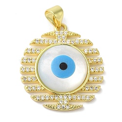 Rack Plating Brass Micro Pave Cubic Zirconia Pendants, with Shell, Long-Lasting Plated, Lead Free & Cadmium Free, Flat Round with Evil Eye, Real 18K Gold Plated, 24x21x4.5mm, Hole: 4x3.5mm(KK-F854-10G)