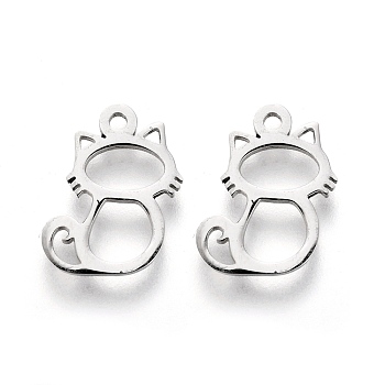 304 Stainless Steel Charms, Laser Cut, Cat Shape, Stainless Steel Color, 12x8x1mm, Hole: 1.2mm