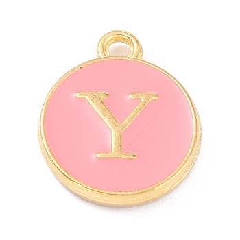 Golden Plated Alloy Enamel Charms, Enamelled Sequins, Flat Round with Alphabet, Letter.Y, Pink, 14x12x2mm, Hole: 1.5mm