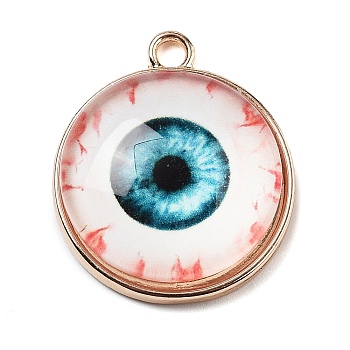 Halloween Theme Glass Pendants, with Golden Alloy Fingdings, Flat Round with Evil Eye, Turquoise, 23x20x6.5mm, Hole: 2.5mm