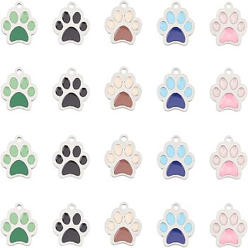 20Pcs 5 Colors 304 Stainless Steel Enamel Charms, Stainless Steel Color, Dog Paw Prints, Mixed Color, 13x12x1mm, Hole: 1.5mm, 4pcs/color