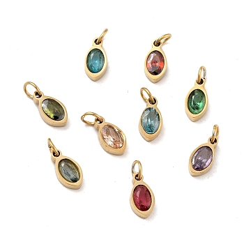 Vacuum Plating 304 Stainless Steel Pendants, with Cubic Zirconia and Jump Rings, Single Stone Charms, Oval, Golden, Mixed Color, 10x5x3mm, Hole: 3.4mm