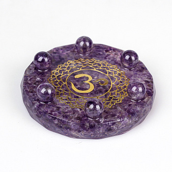 Resin Chakra Round Display Decoration, with Natural Amethyst Chips inside Statues for Home Office Decorations, 100x25mm