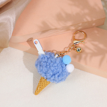Wool Ice Cream Pendant Keychain, with Iron Findings, Cornflower Blue, 14cm