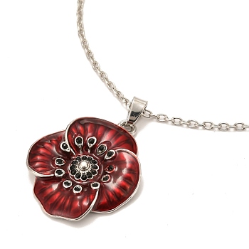 Alloy Poppy Flower Pendant Necklaces, with Rhinestone and Enamel, FireBrick, Jet, 16.29 inch (414mm)
