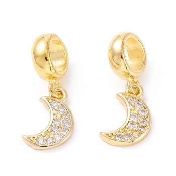 Brass Cubic Zirconia European Dangle Charms, Largr Hole Pendants, Long-Lasting Plated, Real 18K Gold Plated, Half Moon, Clear, 20mm, Hole: 5mm, Pendant: 12x7x1.5mm