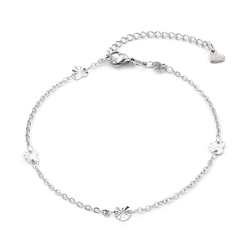 304 Stainless Steel Cable Chain Anklets, with Textured Heart Links and Lobster Claw Clasps, Stainless Steel Color, 9 inch(22.8cm)