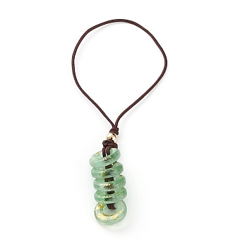 Glass Pendant Decorations, with Nylon Thread and Brass Round Beads, Donut, Golden, Pale Green, 95mm, Hole: 35mm