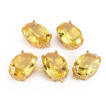 Transparent Glass Pendants, with Brass Prong Settings, Faceted, Oval, Light Gold, Gold, 20x13x8.5mm, Hole: 1.5mm