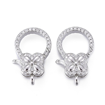 Brass Micro Pave Clear Cubic Zirconia Lobster Claw Clasps, Long-Lasting Plated, Flower, Platinum, 20x12.5x6mm, Hole: 2mm