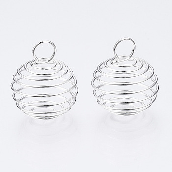 Iron Wire Pendants, Spiral Bead Cage Pendants, Round, Silver, 25~26x20mm, Hole: 5~6mm