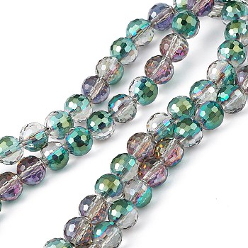 Transparent Electroplate Glass Beads Strands, Faceted(96 Facets), Round, Half Plated, Green, 7.5~8x7mm, Hole: 1.2mm, about 70~72pcs/strand, 20.08~20.47 inch(51~52cm)