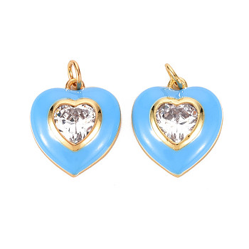 Brass Enamel Pendants, with Clear Cubic Zirconia and Jump Ring, Nickel Free, Real 16K Gold Plated, Heart, Dodger Blue, 17.5x15.5x4.5mm, Hole: 3.5mm
