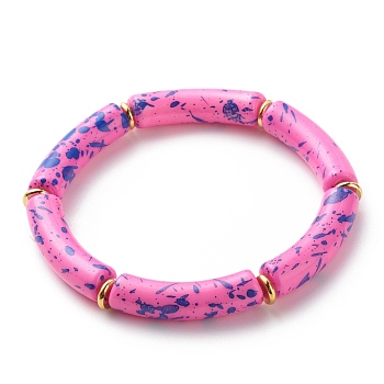 Acrylic Curved Tube Beaded Stretch Bracelet, Chunky Bamboo Friendship Braceelet for Women, Deep Pink, Inner Diameter: 2-1/8 inch(5.3cm)
