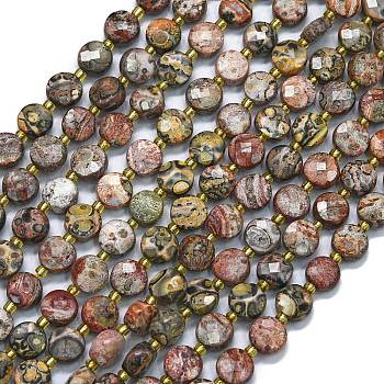 Natural Leopard Skin Jasper Beads Strands, with Seed Beads, Faceted, Flat Round, 6~6.5x4mm, Hole: 1mm, about 50pcs/strand, 15.35 inch(39cm)