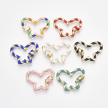 Golden Plated Brass Screw Carabiner Lock Charms, for Necklaces Making, with Enamel, Butterfly, Mixed Color, 21x26x2.5~6mm