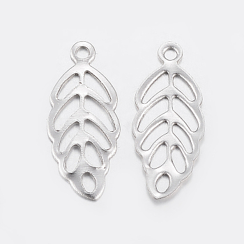 304 Stainless Steel Pendants, Leaf, Stainless Steel Color, 13x5.5x0.3mm, Hole: 1mm