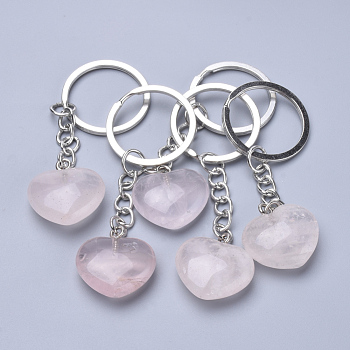 Natural Rose Quartz Keychain, with Iron Findings, Heart, 80mm