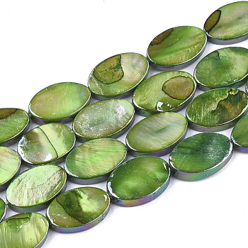 Freshwater Shell Beads Strands, AB Color, Dyed, Oval, Lime Green, 13~15x10~11x2~3mm, Hole: 1mm, about 26~28pcs/strand, 15.5 inch