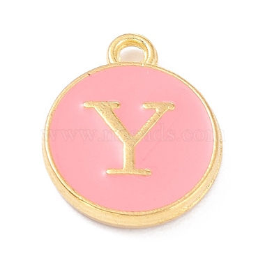 Golden Pink Flat Round Alloy+Enamel Charms