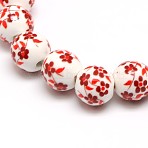 Handmade Flower Printed Porcelain Ceramic Beads Strands, Round, FireBrick, 8mm, Hole: 2mm, about 42pcs/strand, 13 inch(PORC-M006-8mm-14)